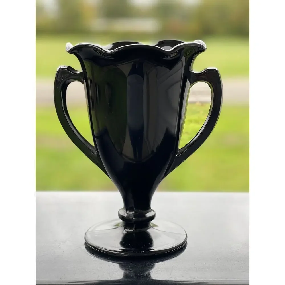 L.E. Smith Black Amethyst Glass Trophy Vase Spooner‎ Art Deco